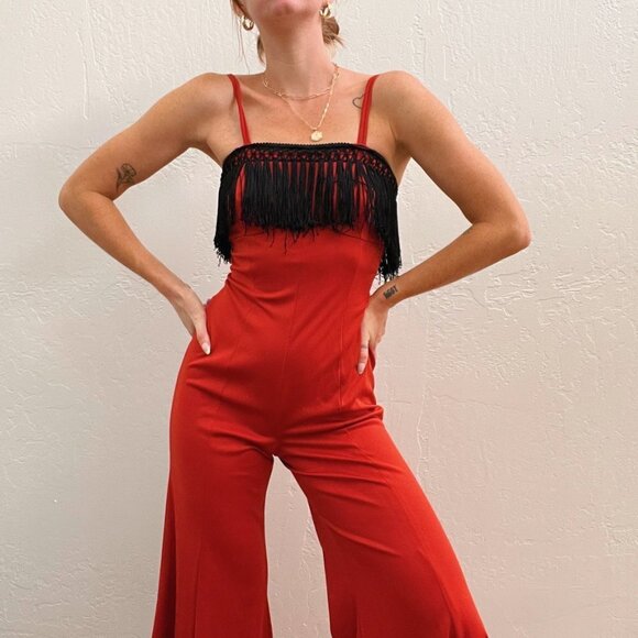 Vintage 1970's Red Orange Bell Bottom Flare Black Fringe Disco Jumpsuit - Picture 2 of 5